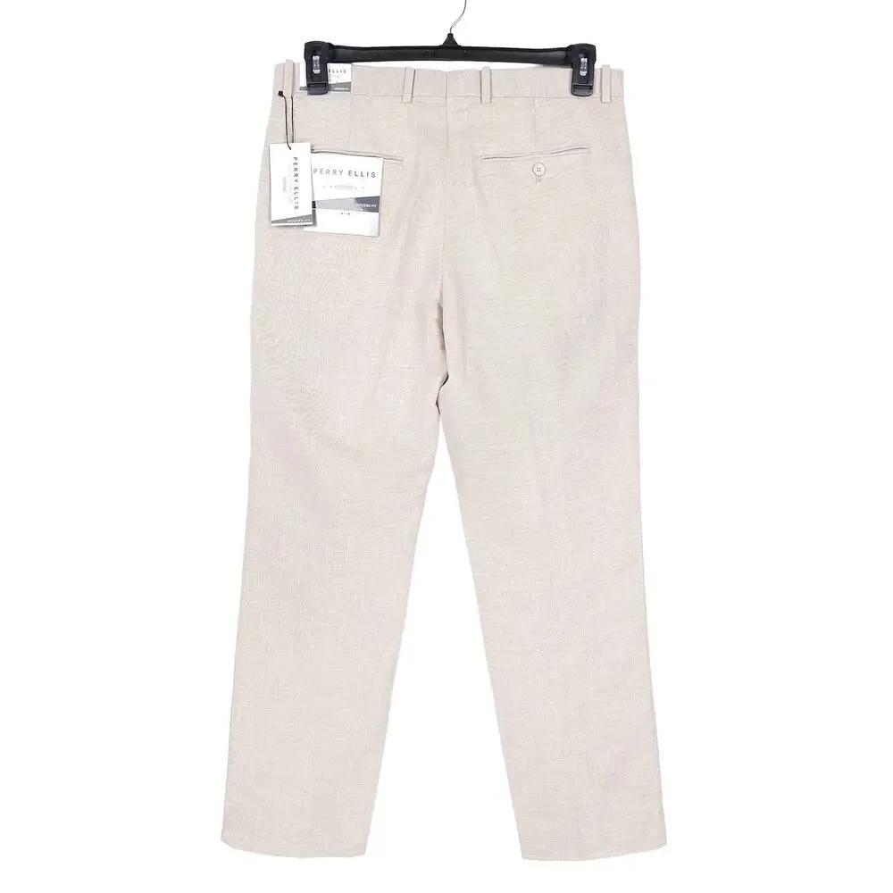 Perry Ellis Portfolio Mens Modern Fit Dress Pants 32x29 Light Tan Linen Cotton
